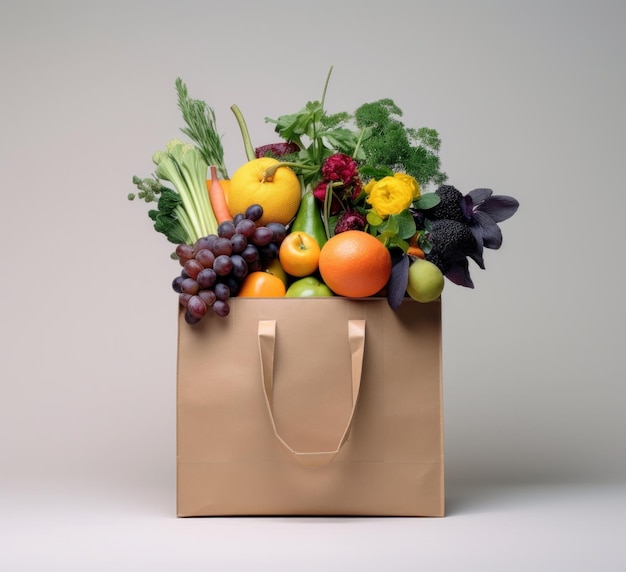 een papieren zak met fruit en groenten