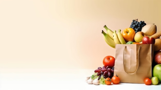 Een papieren zak met groenten en fruit erop