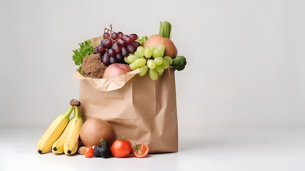 Een papieren zak met groenten en fruit met een witte achtergrond.