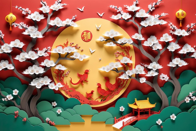 een papierkunst van een Chinese tempel met een rode achtergrond