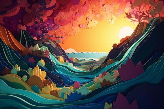 Een papierkunst van een rivier met bomen en de zon