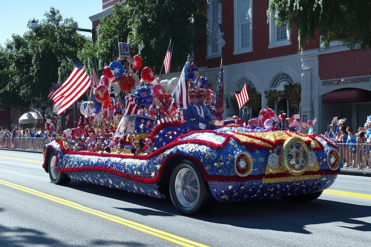 Foto een parade auto met een vlag aan de achterkant