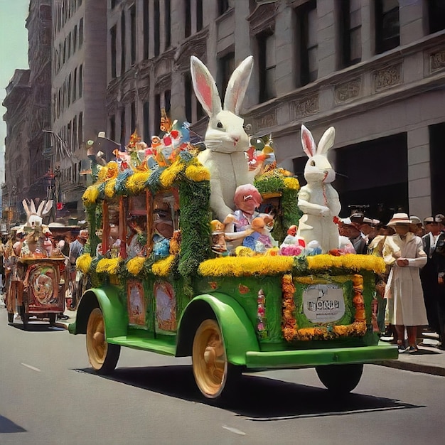 een parade met een konijn en een konijn aan de achterkant