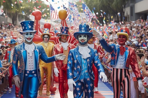 Foto een parade van clowns met de vlag achter hen.