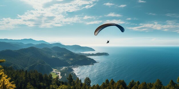 Een paraglider zweeft over de zee en het bos en onthult een adembenemend uitzicht van bovenaf dat je de adem beneemt AI Generatieve AI