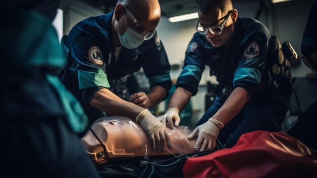 Een paramedisch team oefent CPR op een mannetje met een defibrillator