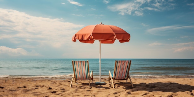 Een paraplu en twee stoelen op een strand bij de oceaan