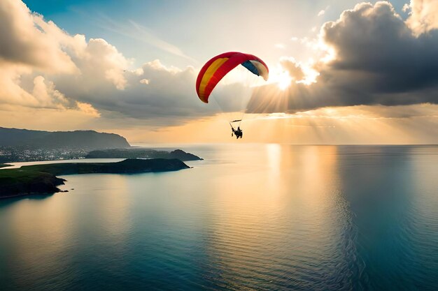 Een parasail vliegt in de lucht over het water.