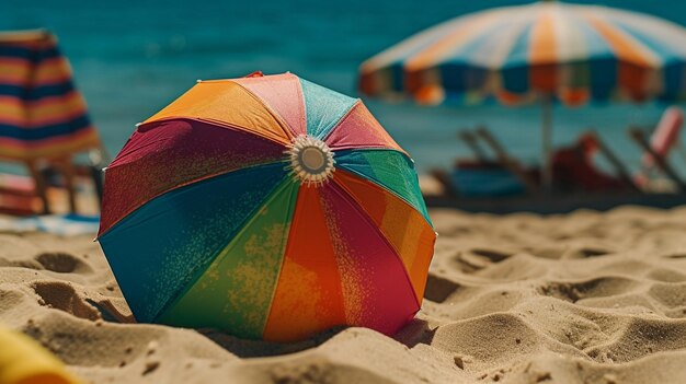 Een parasol met daarop een regenboogkleurige paraplu.