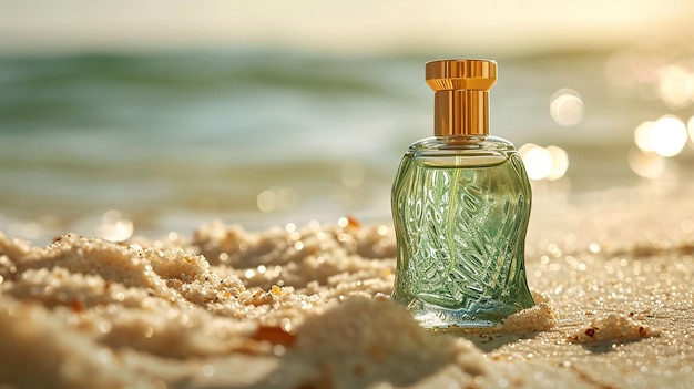 Een parfumfles op het strand.