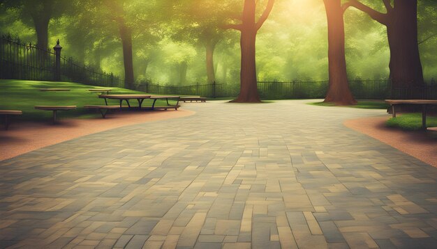 Foto een park met bomen en een bankje met de zon die er doorheen schijnt