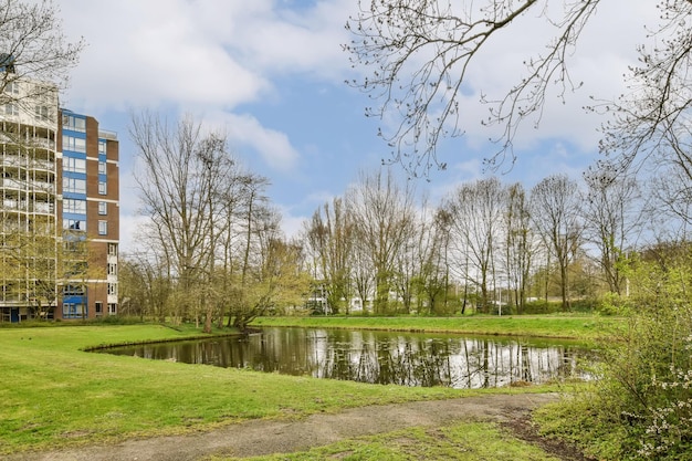 Een park met een vijver en een gebouw