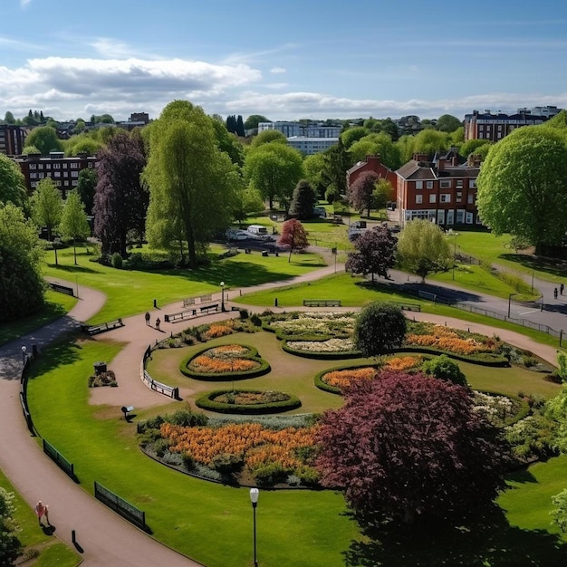 een park met in het midden een cirkelvormige tuin