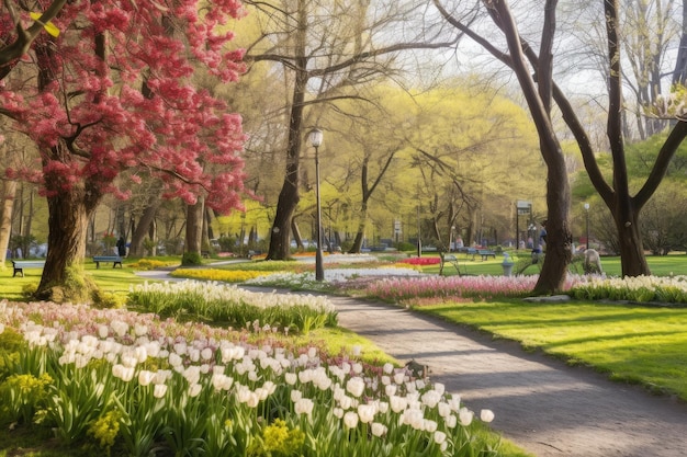 Een park vol met bloeiende bloemen in het voorjaar