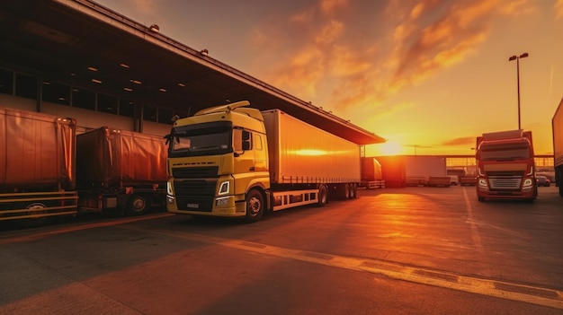 Een parkeerplaats voor vrachtwagens in het industriële magazijn voor logistiek en goederenopslag