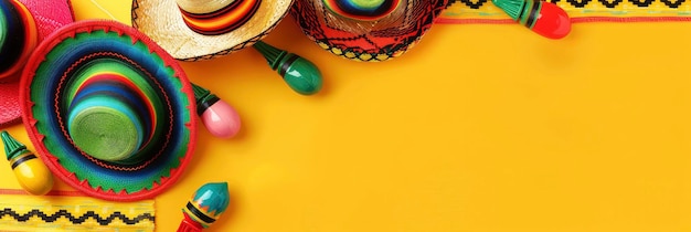 een partij achtergrond toont een Mexicaanse fiesta thema met maracas en sombrero hoeden op een gele banier