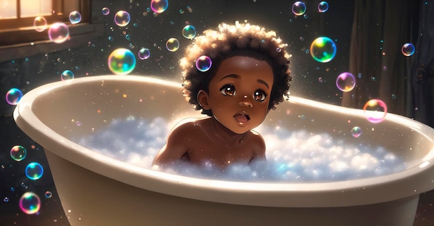 Een pasgeboren Afro-Amerikaanse baby neemt een bad.