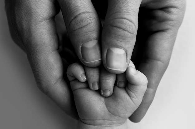 Een pasgeboren baby houdt de vinger van mama en papa vast. Handen van ouders en baby close-up. Een kind vertrouwt en houdt haar stevig vast. Zwart-wit foto.