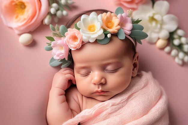 Een pasgeboren baby ligt in een delicaat bed gewikkeld in een doek en een hoofdband met een blauwe bloem