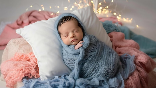 Een pasgeboren baby, omhuld met een blauwe sjaal, slaapt op een wit kussen.
