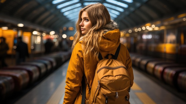 Een passagiersmeisje met een reistas wacht op de aankomst van de trein op het treinstation en poseert