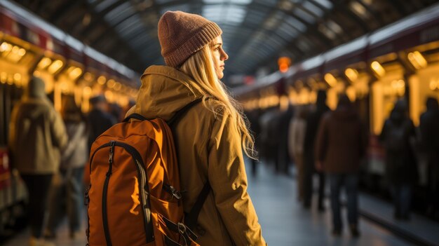 Een passagiersmeisje met een reistas wacht op de aankomst van de trein op het treinstation en poseert