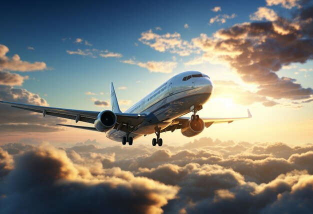 een passagiersvliegtuig boeing vliegt door de lucht boven een met wolken gevulde lucht in de stijl van fotorealisme donkerwit en zilver