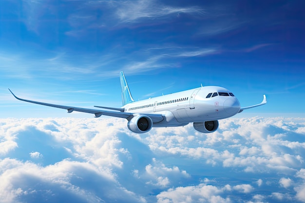 Een passagiersvliegtuig reist in de blauwe lucht