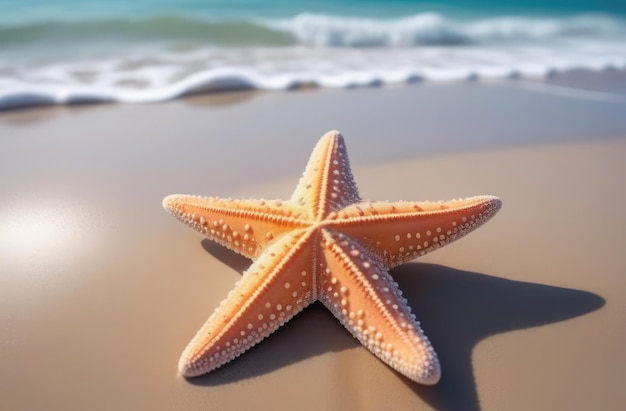 Een pastel perzikkleurige zeester op het strand bij de zee Peach Fuzz.