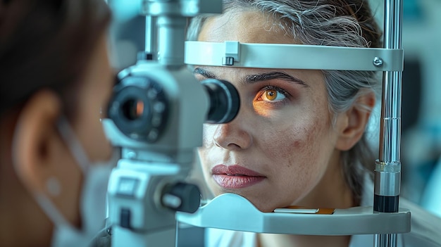 Foto een patiënt die een oogonderzoek ondergaat met een optometrist