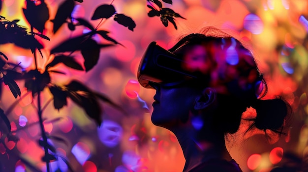 Foto een patiënt die virtuele realiteit gebruikt om in een kalmerend digitaal bos te stappen en zich bezighoudt met een artistieke activiteit om