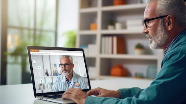 Een patiënt video oproepen om te vragen over het gebruik van medicijnen met de arts via een laptop