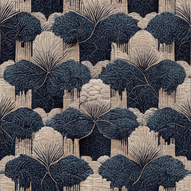 Een patroon met bomen en wolken in blauw en beige Naadloze Patroon Papier textuur