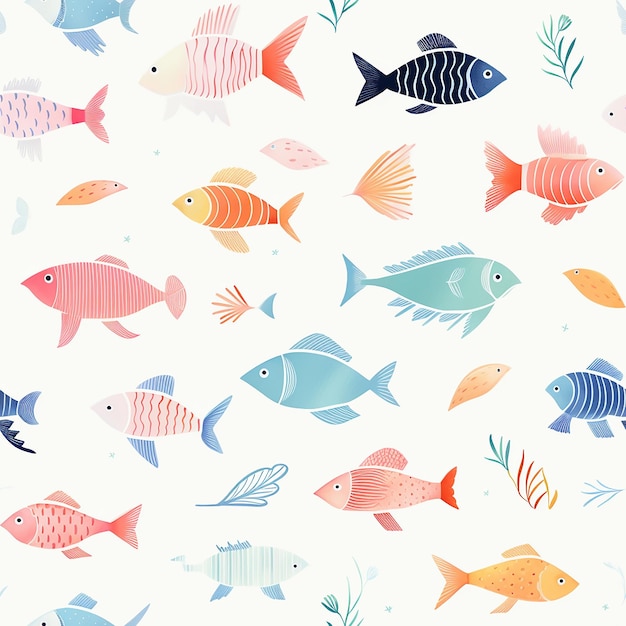 Een patroon met een verzameling tropische vissen in een repetitieve schetscompositie
