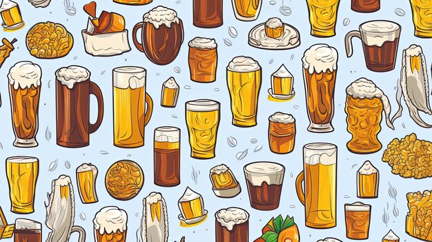 Foto een patroon van bierglazen met bier en een bord bier.