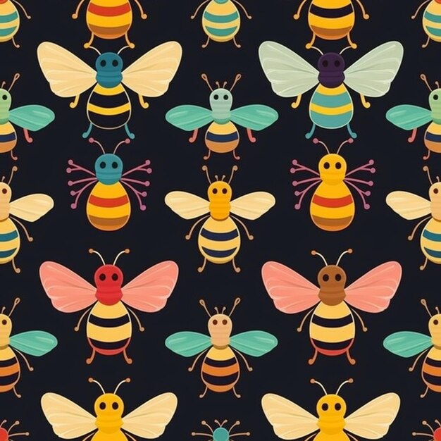 Een patroon van bijen en bijen op een zwarte achtergrond generatieve ai