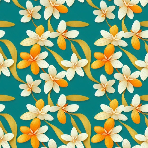 Een patroon van bloemen dat een geel en wit tropisch bloemen- en bladerenpatroon is
