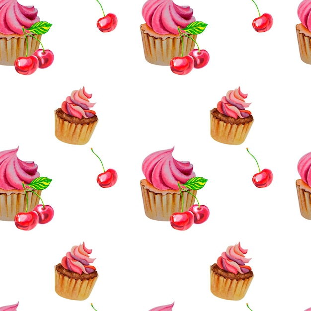 Een patroon van cupcakes en kersen Rijpe sappige kersen Valentijnsdag Waterverfillustratie