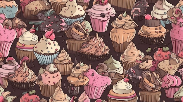 Een patroon van cupcakes met verschillende smaken.