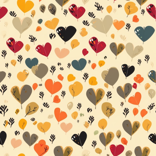 Een patroon van harten en bladeren op een witte achtergrond