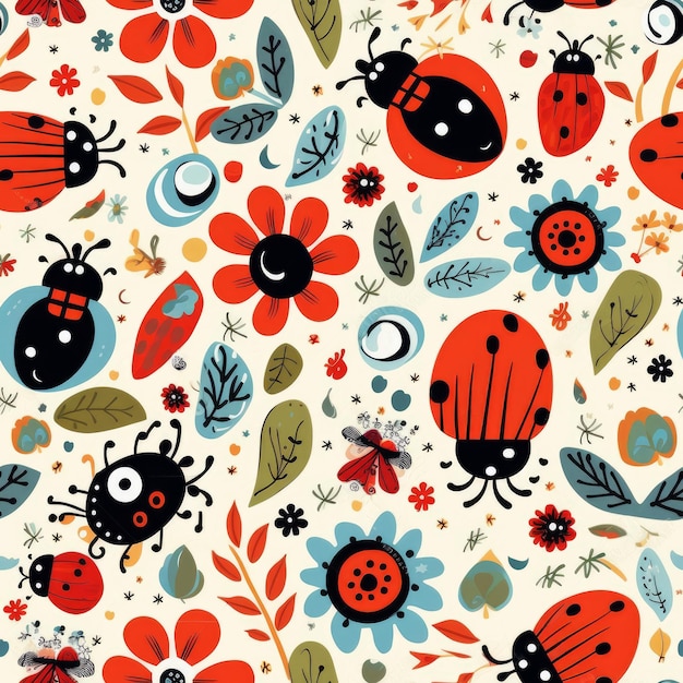Een patroon van kleurrijke insecten en bloemen met een lieveheersbeestje op de bodem.
