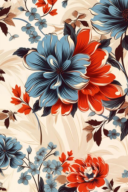 een patroon van rode blauwe en witte bloemen in de stijl van oranje en beige