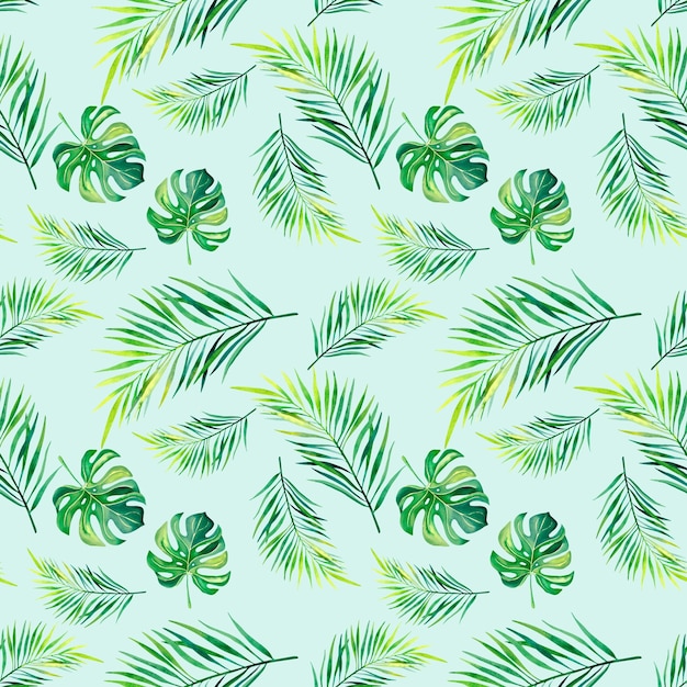 Een patroon van tropische planten Monstera De palmtak Aquarel illustratie Natuur van de tropen Collage van monstera en palmbomen Mozaïek