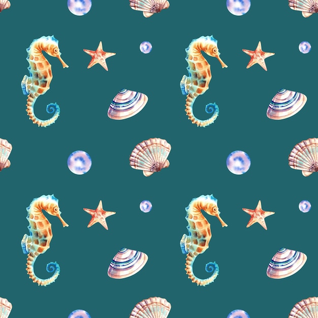 Een patroon van zeepaardjes schelpen zeester bubbels Aquarel illustratie Inwoners van de zee Zeedieren