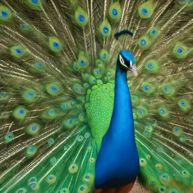een pauw met een blauw lichaam en groene veren met een groen en blauw patroon