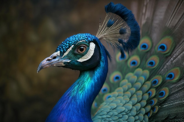 Een pauw met een blauwe kop en groene veren