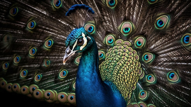 Een pauw met een blauwe kop en groene veren