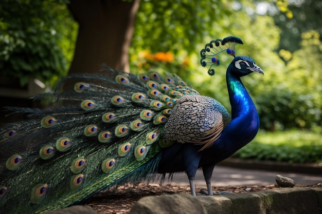 Een pauw met een blauwe staart staat in een tuin.