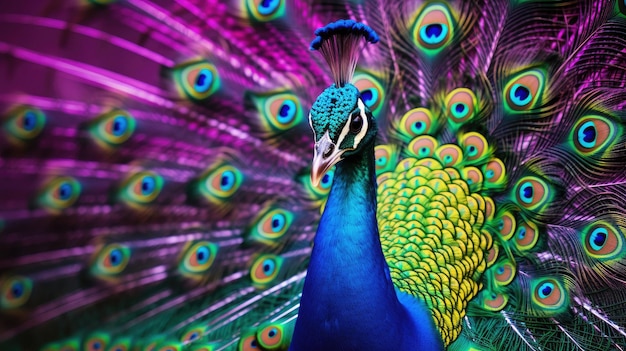 een pauw met een kleurrijke achtergrond van veren en een kleurrijke afbeelding van een pauw.