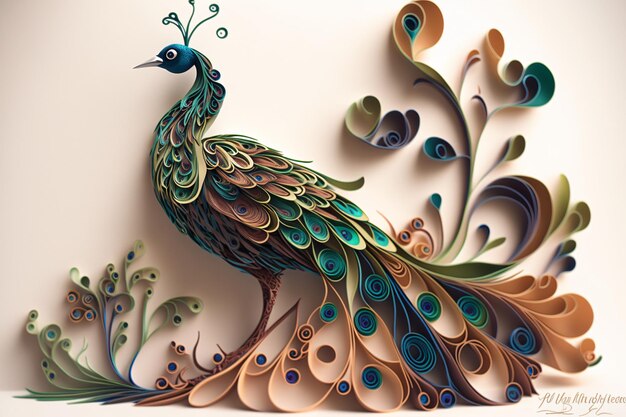 Een pauw sculptuur digitale papier quilling kunst digitale illustratie AI gegenereerd